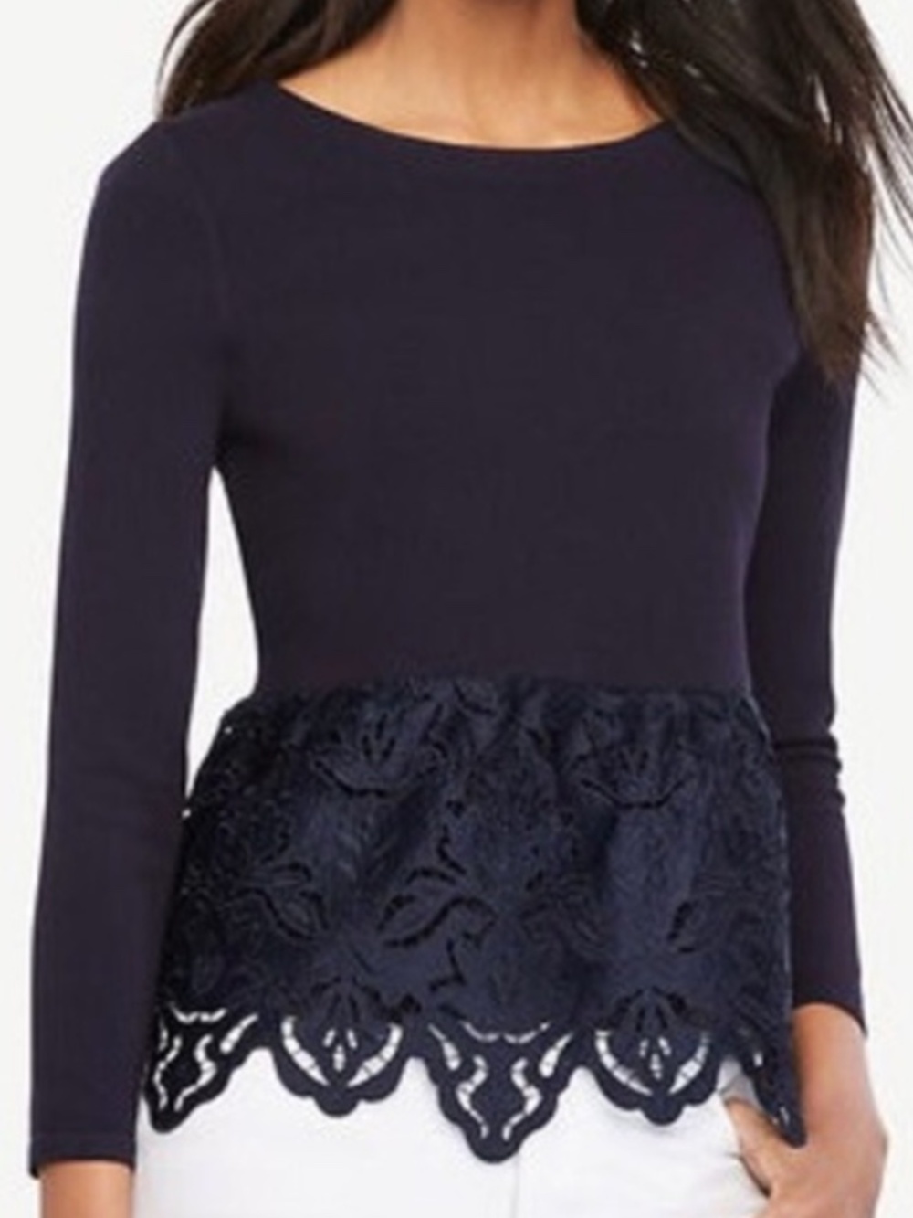 Ann Taylor Navy Knit Lace Peplum Top – Size S